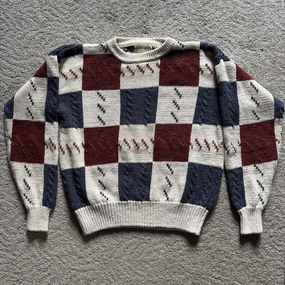 Vintage St Johns Bay Men's Checkered Knit Pullover Sweater Size Medium